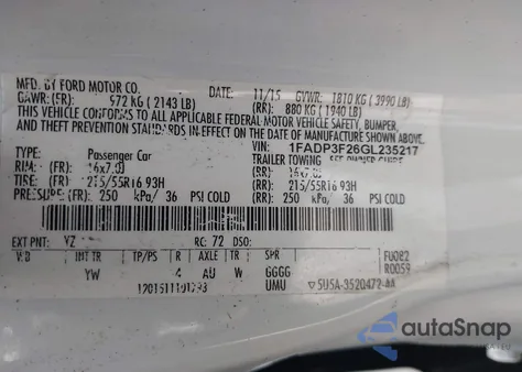 2016 Ford Focus Se из США, поврежденный, VIN 1FADP3F26GL235217